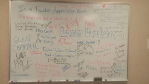 Whiteboard with teacher appreciation messages