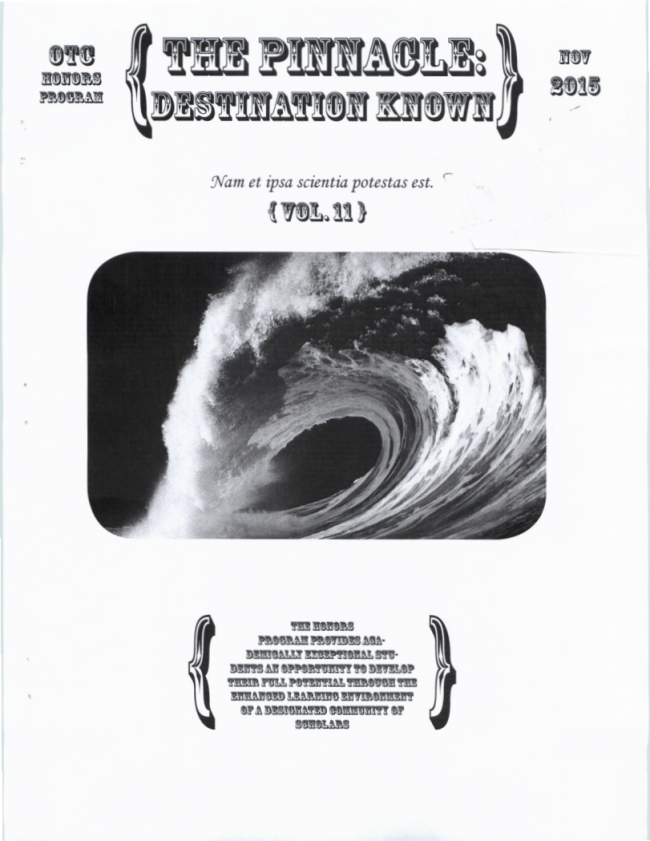Front page of the eleventh volume of the Honors Newsletter, The Pinnacle: Destination Known