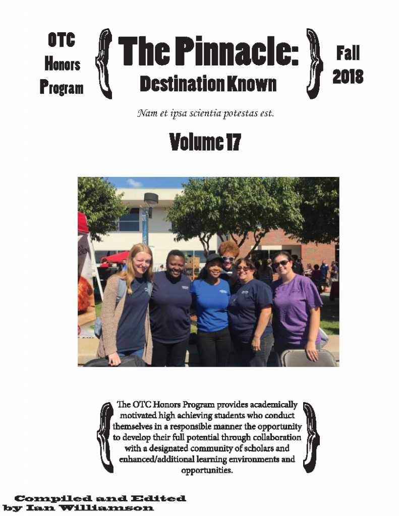 Front page of the seventeenth volume of the Honors Newsletter, The Pinnacle: Destination Known