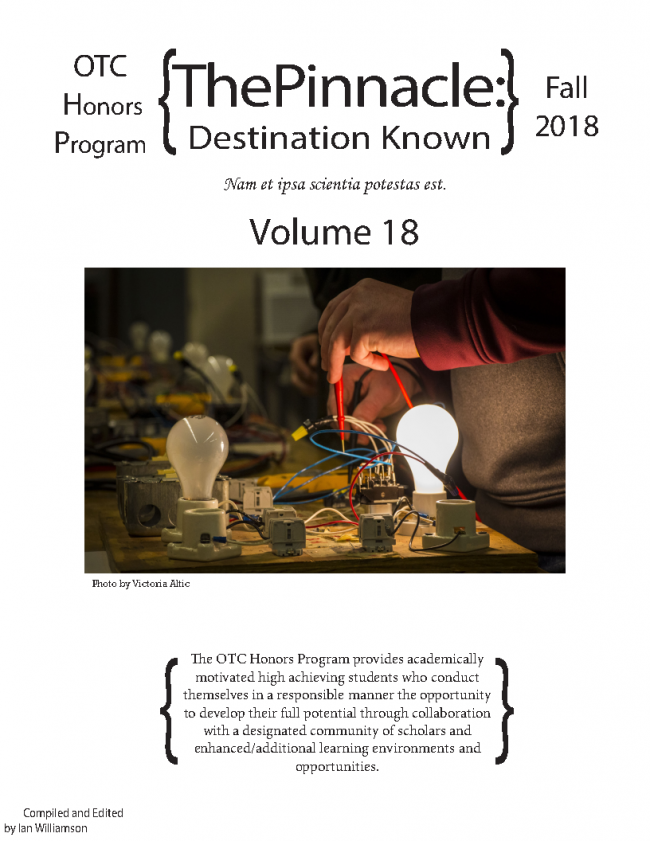 Front page of the eighteenth volume of the Honors Newsletter, The Pinnacle: Destination Known