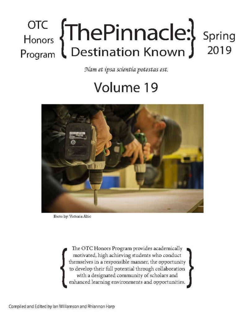 Front page of the nineteenth volume of the Honors Newsletter, The Pinnacle: Destination Known