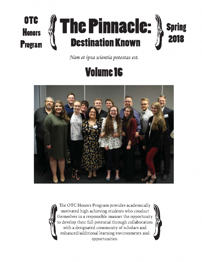 Front page of the sixteenth volume of the Honors Newsletter, The Pinnacle: Destination Known