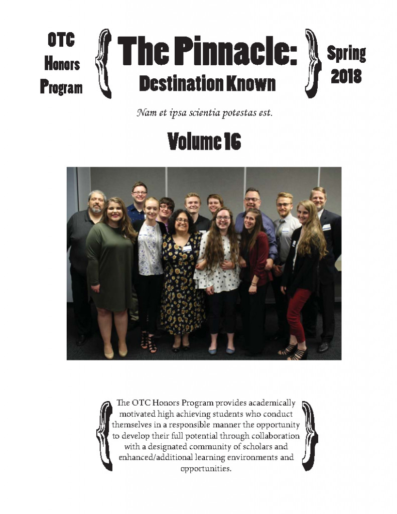 Front page of the sixteenth volume of the Honors Newsletter, The Pinnacle: Destination Known