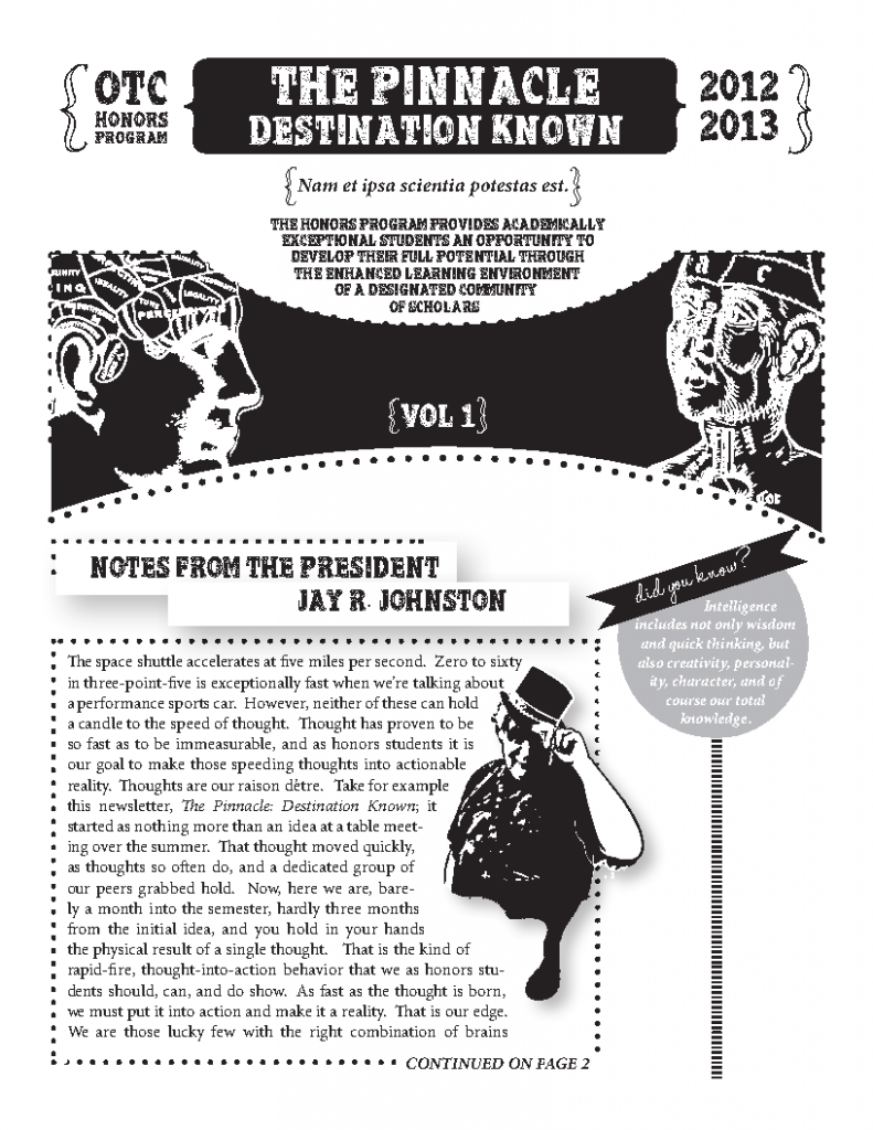 Front page of the first volume of the Honors Newsletter, The Pinnacle: Destination Known