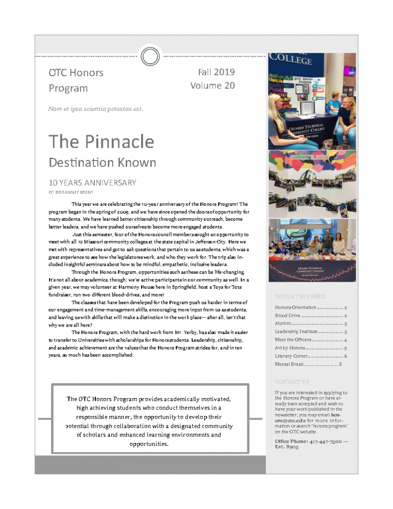 Front page of the twentieth volume of the Honors Newsletter, The Pinnacle: Destination Known