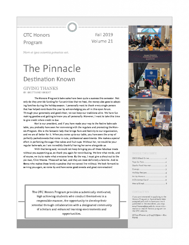 Front page of the twenty-first volume of the Honors Newsletter, The Pinnacle: Destination Known
