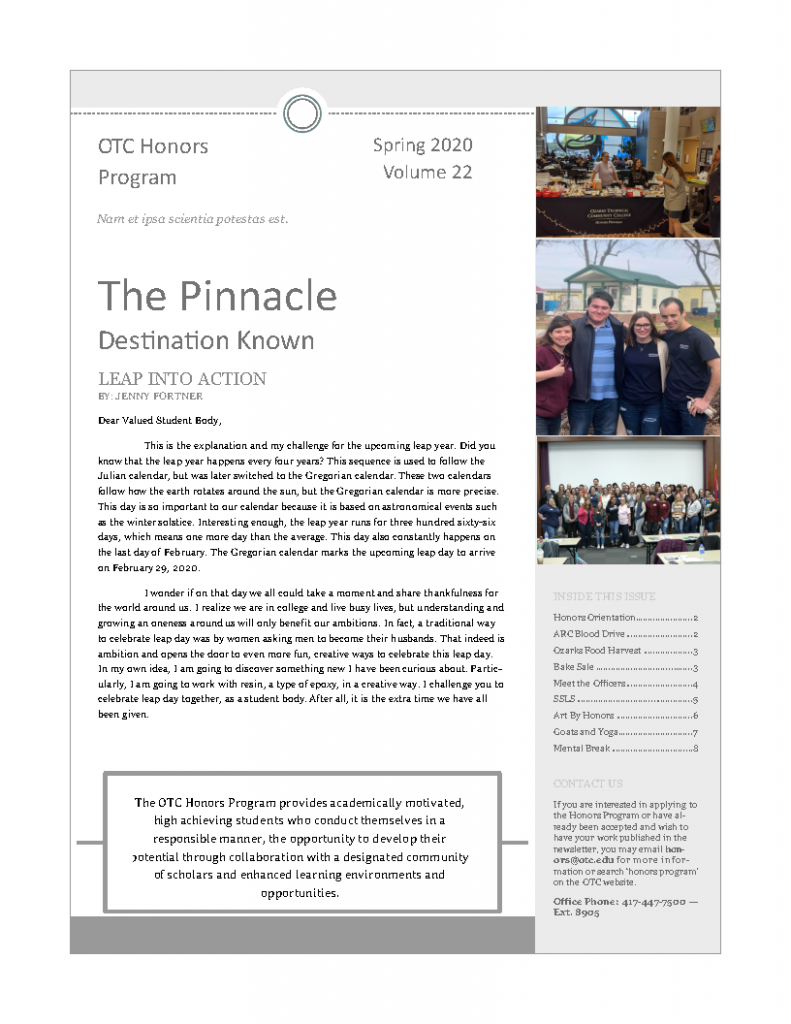 Front page of the twenty-second volume of the Honors Newsletter, The Pinnacle: Destination Known