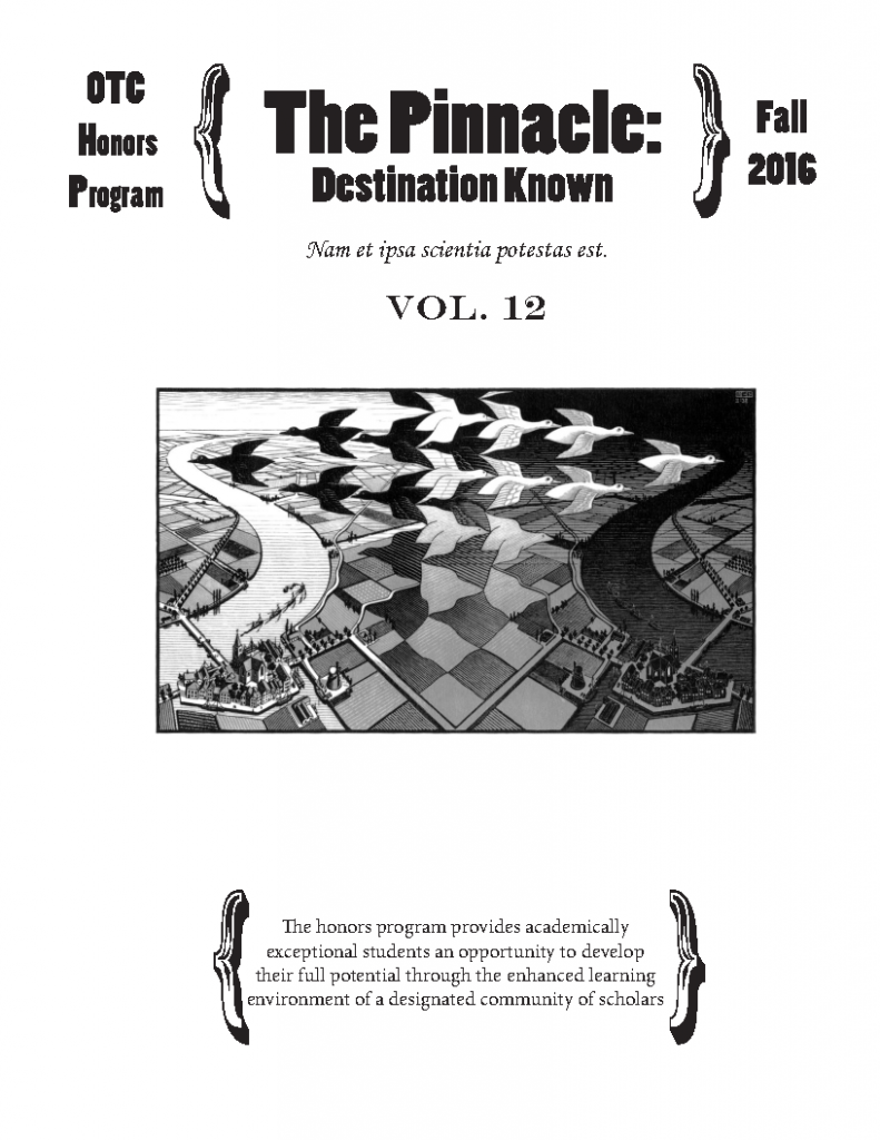Front page of the twelfth volume of the Honors Newsletter, The Pinnacle: Destination Known
