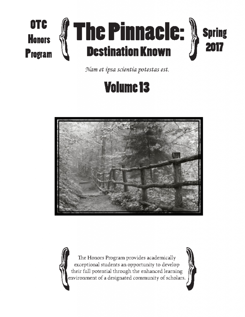 Front page of the thirteenth volume of the Honors Newsletter, The Pinnacle: Destination Known