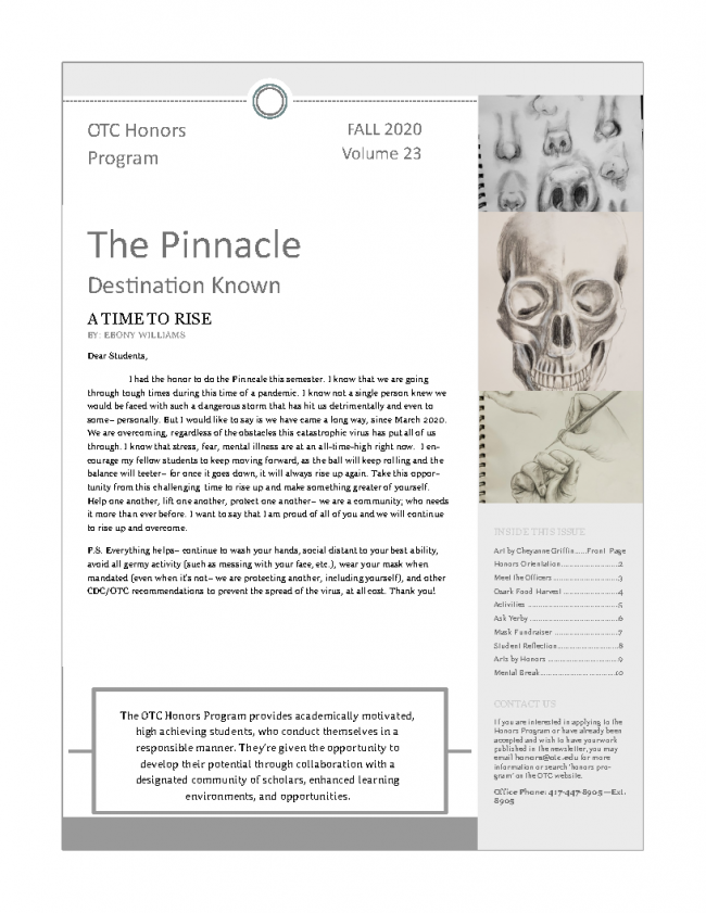 Front page of the twenty-third volume of the Honors Newsletter, The Pinnacle: Destination Known