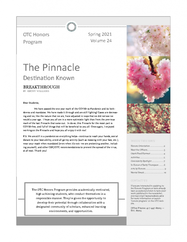 Front page of the twenty-fourth volume of the Honors Newsletter, The Pinnacle: Destination Known