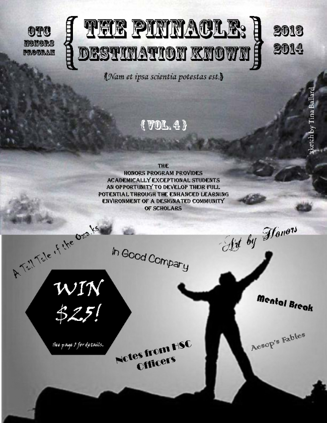 Front page of the fourth volume of the Honors Newsletter, The Pinnacle: Destination Known