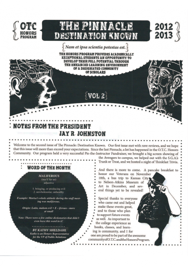 Front page of the second volume of the Honors Newsletter, The Pinnacle: Destination Known
