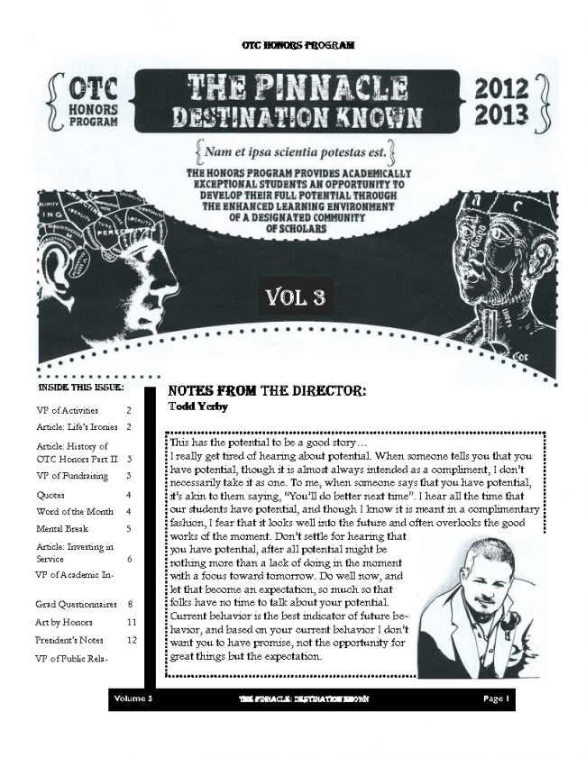 Front page of the third volume of the Honors Newsletter, The Pinnacle: Destination Known