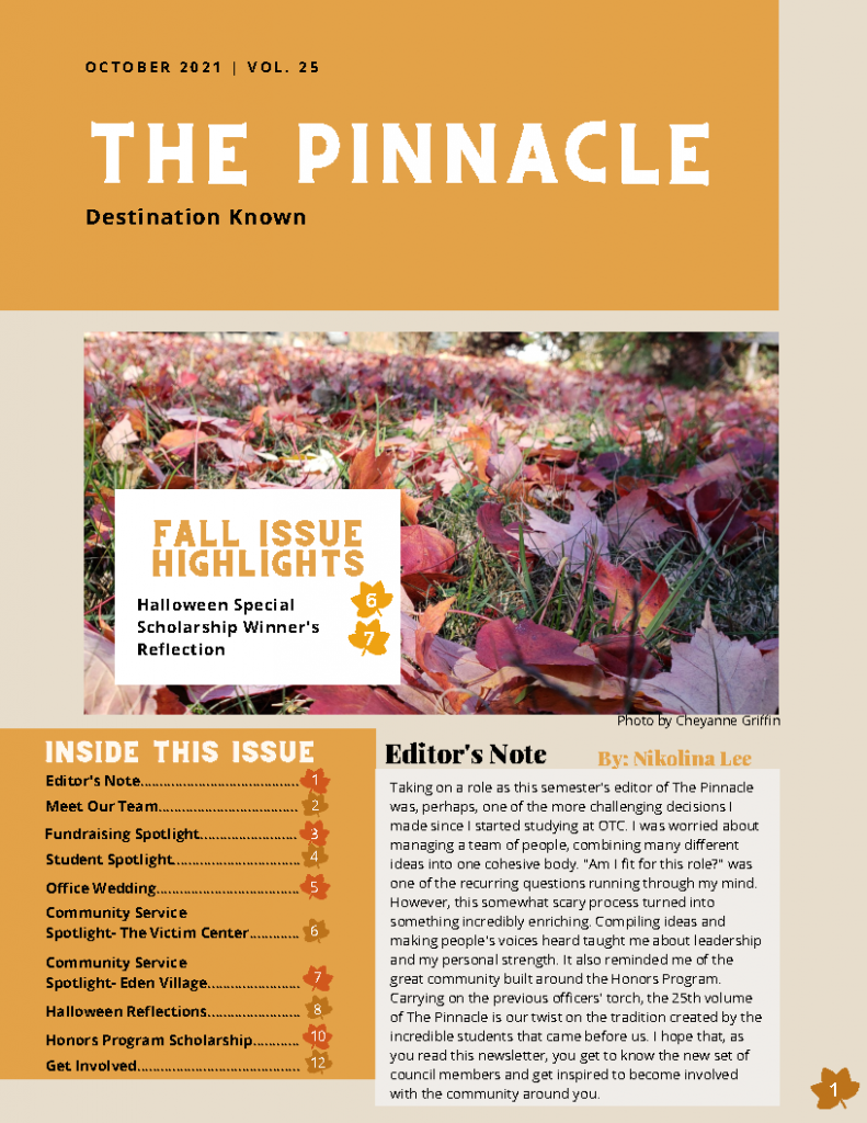Front page of the twenty-fifth volume of the Honors Newsletter, The Pinnacle: Destination Known