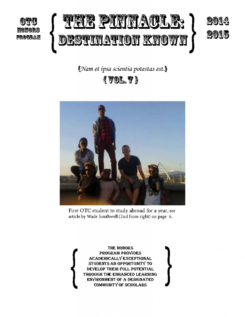 Front page of the seventh volume of the Honors Newsletter, The Pinnacle: Destination Known
