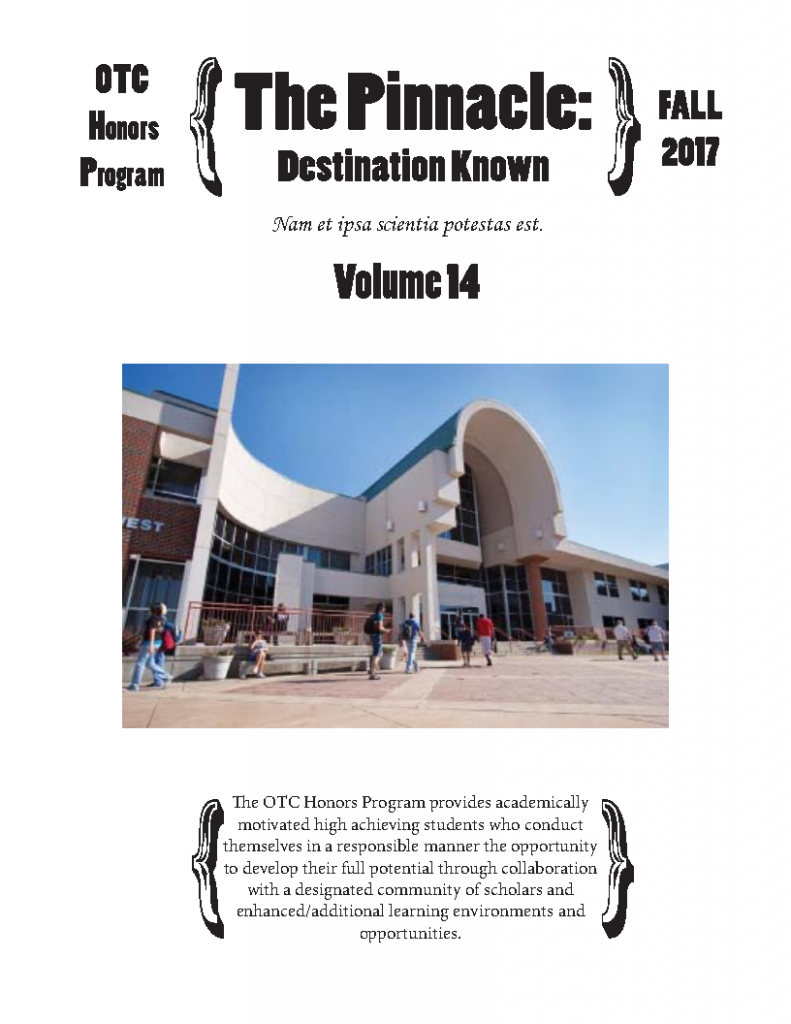 Front page of the fourteenth volume of the Honors Newsletter, The Pinnacle: Destination Known