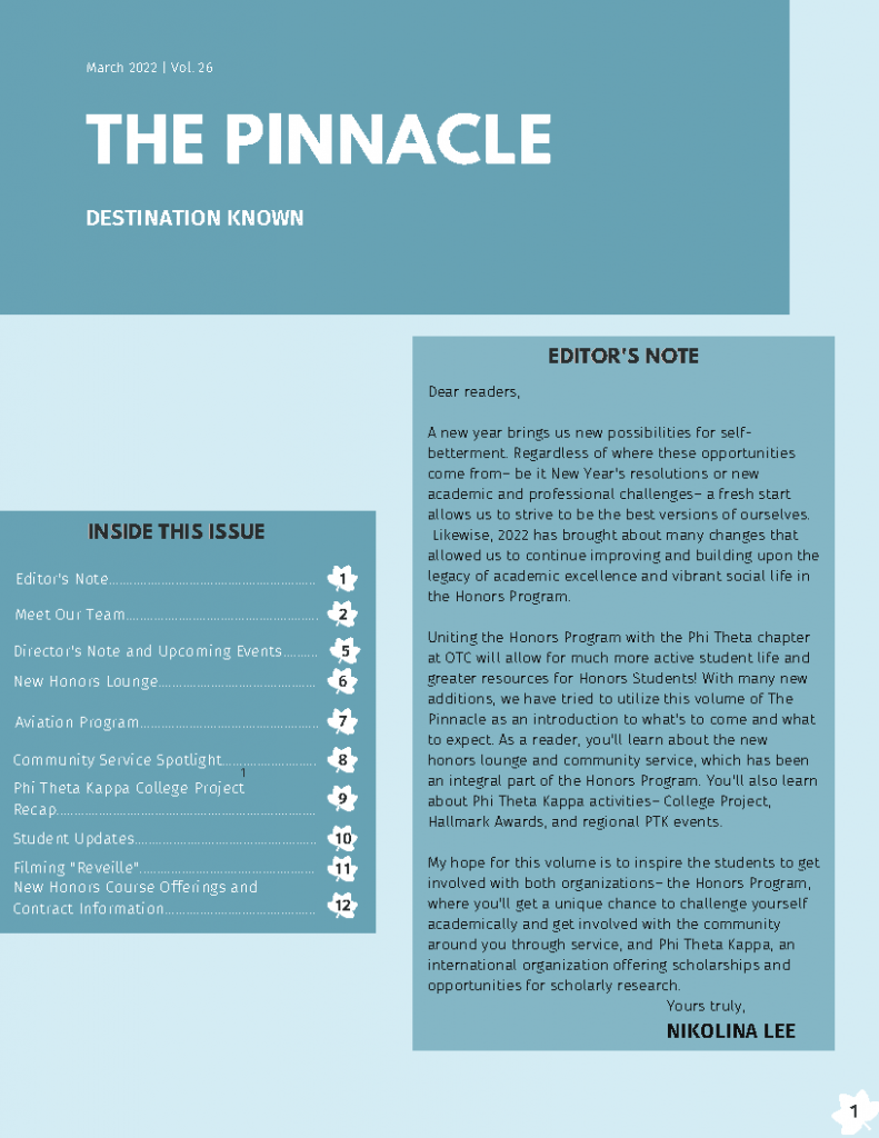 Front page of the twenty-sixth volume of the Honors Newsletter, The Pinnacle: Destination Known