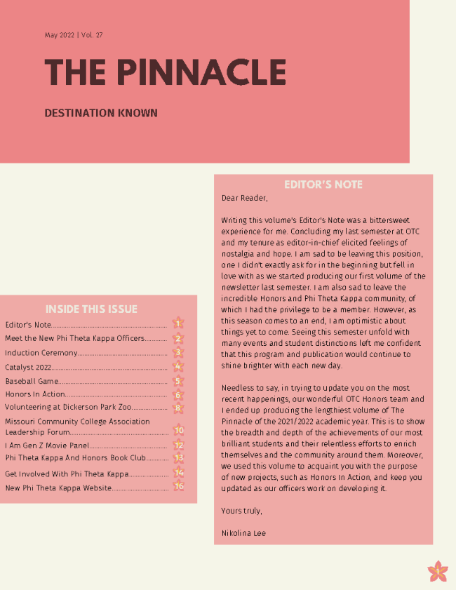 Front page of the twenty-seventh volume of the Honors Newsletter, The Pinnacle: Destination Known