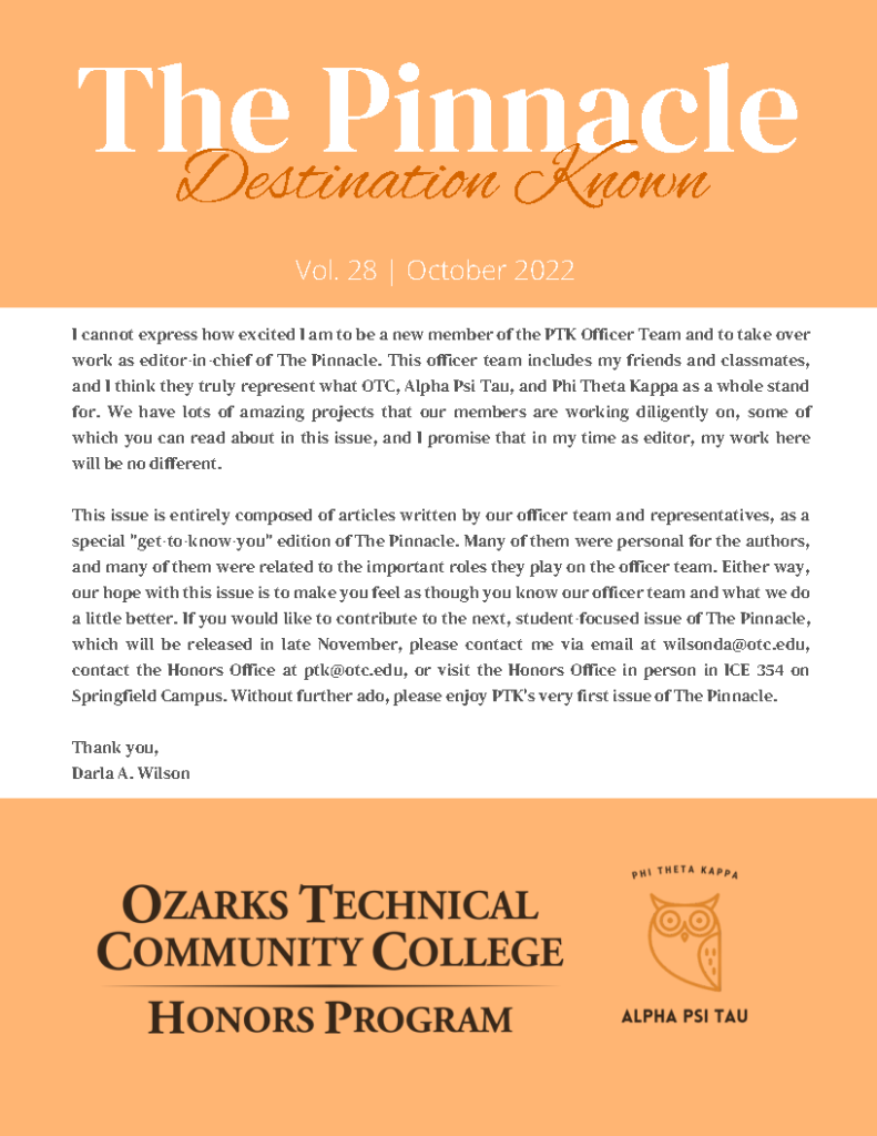 Front page of the twenty-eighth volume of the Honors Newsletter, The Pinnacle: Destination Known