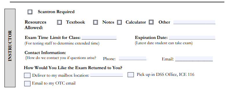 Image of instructor section of exam request form.