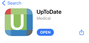Image link to guide for downloading and accessing the UpToDate mobile app.