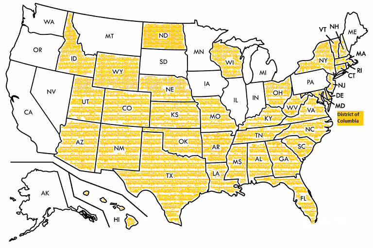 map of us with states that OTC can hire employees from highlighted - a written list of those states follows this image